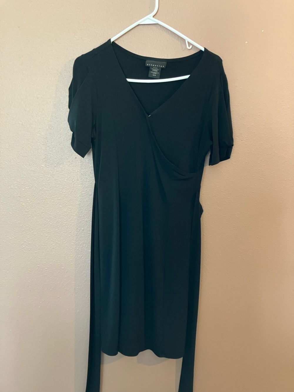 attention Black Midi Wrap-Style Short Sleeve Dress